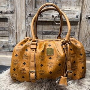 MCM Cognac Leather Satchel with Logo Print